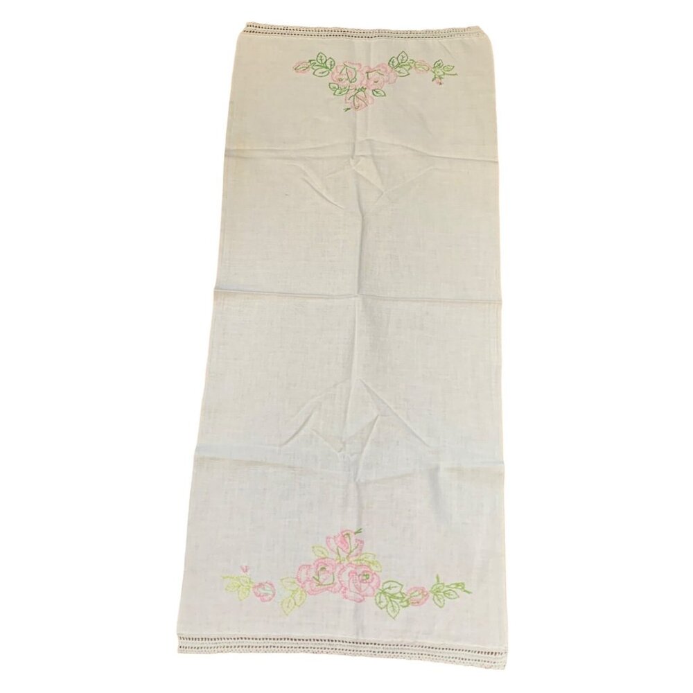 Hand-Embroidered Floral Table Runner with Delicate Pink Roses & Green Leaves